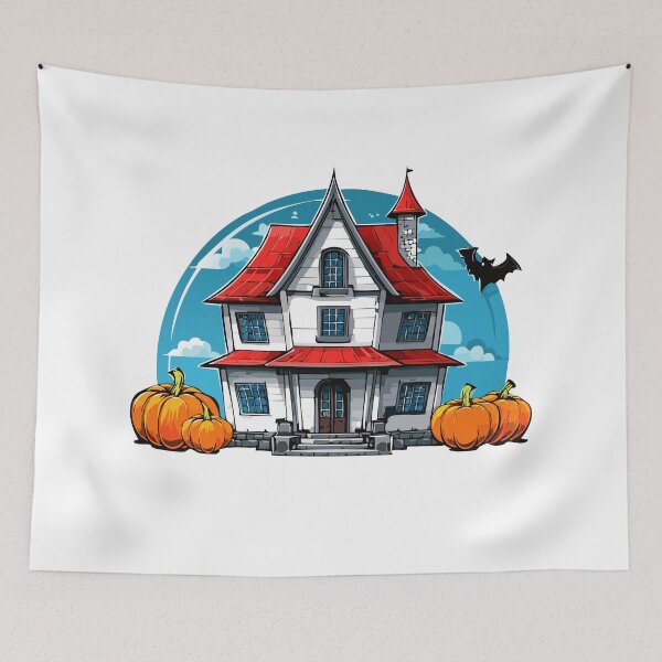 Item preview, Spooky haunted house with bats, pumpkins, and a dark, scary sky on a Halloween night, Halloween haunted house silhouette with bats under a spooky moonlit night sky  designed and sold by Danler.