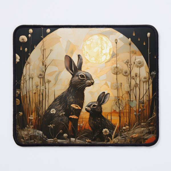 Item preview, Parent and Baby Rabbits Under the Full Moon – Golden Art Nouveau Wildflower Illustration designed and sold by EmeraldeaArt.