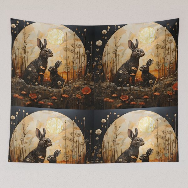 Item preview, Parent and Baby Rabbits Under the Full Moon – Golden Art Nouveau Wildflower Illustration designed and sold by EmeraldeaArt.