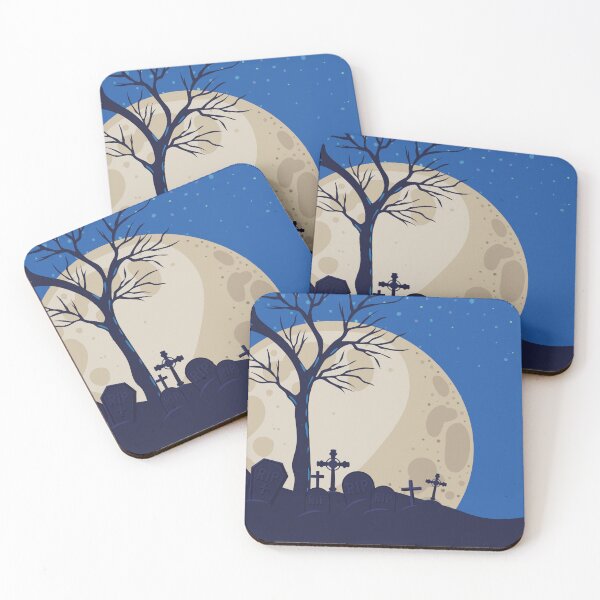 Item preview, Spooky Graveyard Halloween Design – Full Moon, Dead Tree & Tombstones – Colorful Blue Halloween Art, Gift Ideas for Spooky Lovers designed and sold by petpuppymania.