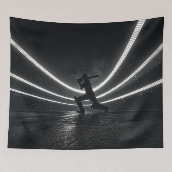 Item preview, Monochrome silhouette of a cricket player against a neon-lit stadium Art Inspired By Nature And The Active Outdoors designed and sold by CDC40.