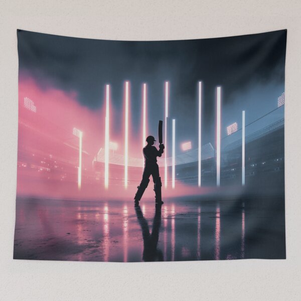 Item preview, Monochrome silhouette of a cricket player against a neon-lit stadium Art Inspired By Nature And The Active Outdoors designed and sold by CDC40.