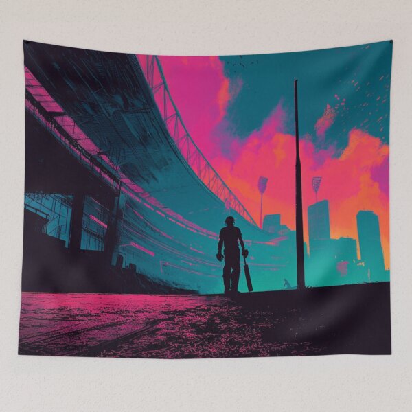 Item preview, Monochrome silhouette of a cricket player against a neon-lit stadium Art Inspired By Nature And The Active Outdoors designed and sold by CDC40.