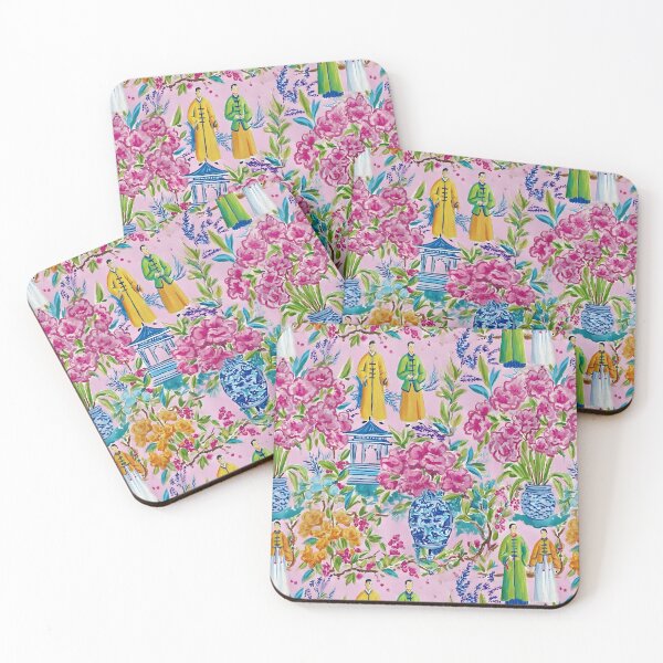 Item preview, Preppy, chinoiserie, famille rose court figures on pink designed and sold by SophieClimaArt.