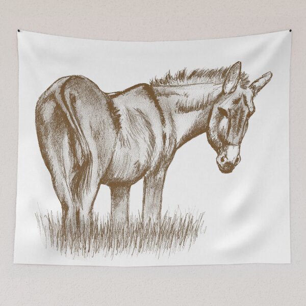 Item preview, Drawing of a donkey looking behind him, rear side view - brown colorized version designed and sold by SylvieG18.