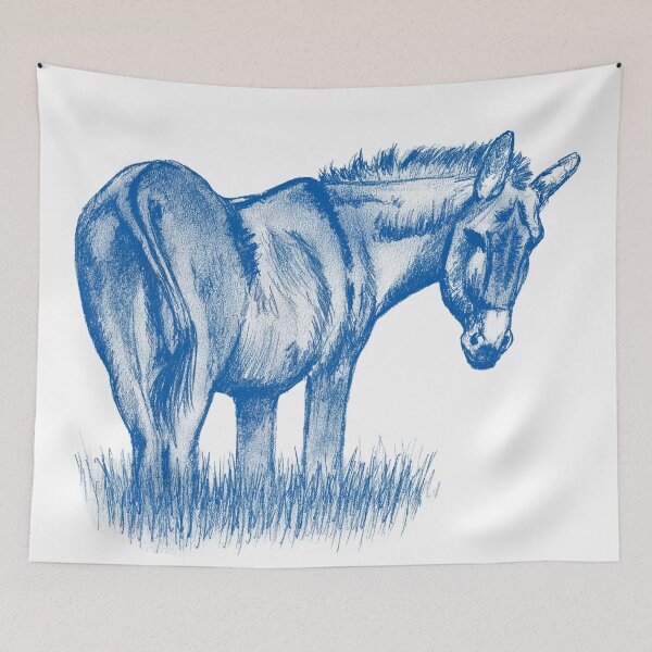 Item preview, Drawing of a donkey looking behind him, rear side view - blue colored version designed and sold by SylvieG18.