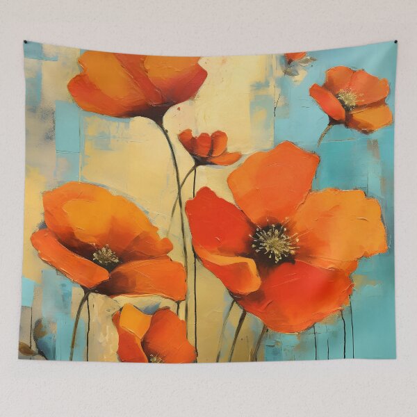 Artikelvorschau, Schicke orange Mohnblumen auf Aqua und Gelb entworfen und verkauft von DEC02.