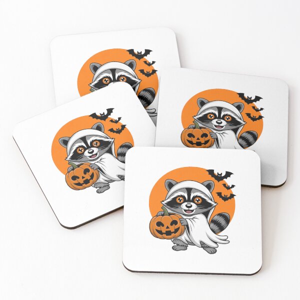 Item preview, Cute Raccoon in Adorable Ghost Costume Holding Pumpkin designed and sold by CraftyCuttable.