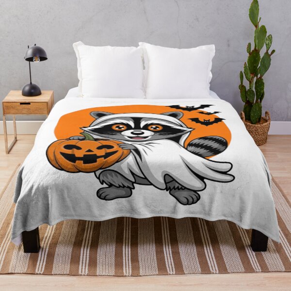 Item preview, Cute Raccoon in Adorable Ghost Costume Holding Pumpkin designed and sold by CraftyCuttable.