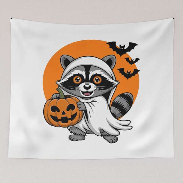 Item preview, Cute Raccoon in Adorable Ghost Costume Holding Pumpkin designed and sold by CraftyCuttable.