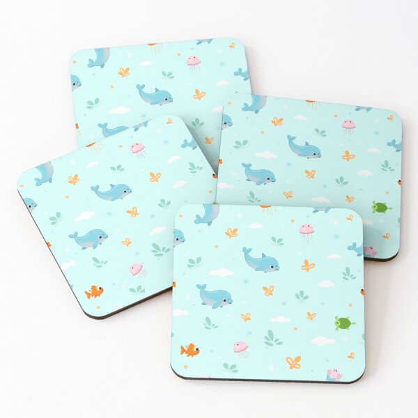 Item preview, Seamless Cute Cartoon Sea Creatures Pattern with Dolphins, Clownfish, Jellyfish & Turtles on Aqua Background designed and sold by skysshobu.