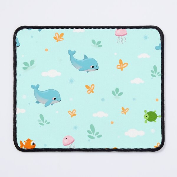 Item preview, Seamless Cute Cartoon Sea Creatures Pattern with Dolphins, Clownfish, Jellyfish & Turtles on Aqua Background designed and sold by skysshobu.