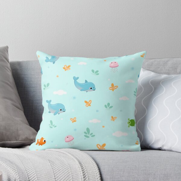 Item preview, Seamless Cute Cartoon Sea Creatures Pattern with Dolphins, Clownfish, Jellyfish & Turtles on Aqua Background designed and sold by skysshobu.