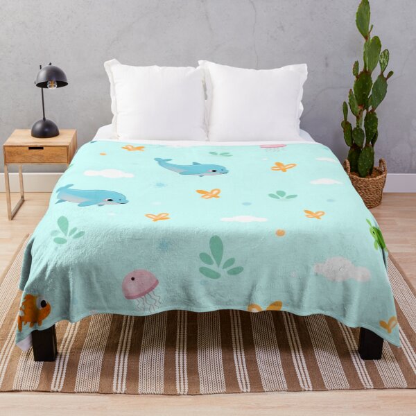 Item preview, Seamless Cute Cartoon Sea Creatures Pattern with Dolphins, Clownfish, Jellyfish & Turtles on Aqua Background designed and sold by skysshobu.