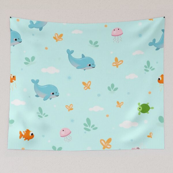 Item preview, Seamless Cute Cartoon Sea Creatures Pattern with Dolphins, Clownfish, Jellyfish & Turtles on Aqua Background designed and sold by skysshobu.