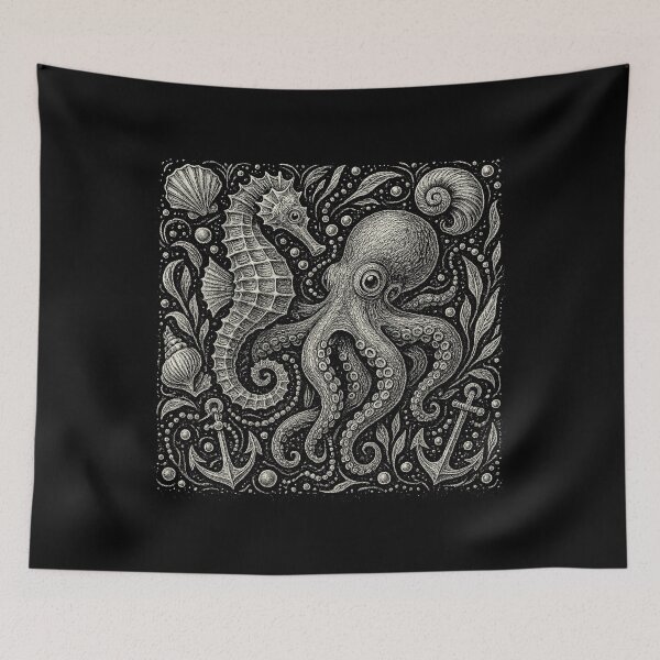 Item preview, Octopus Seahorse Shells Nautical Pattern designed and sold by EdvvinStudios.