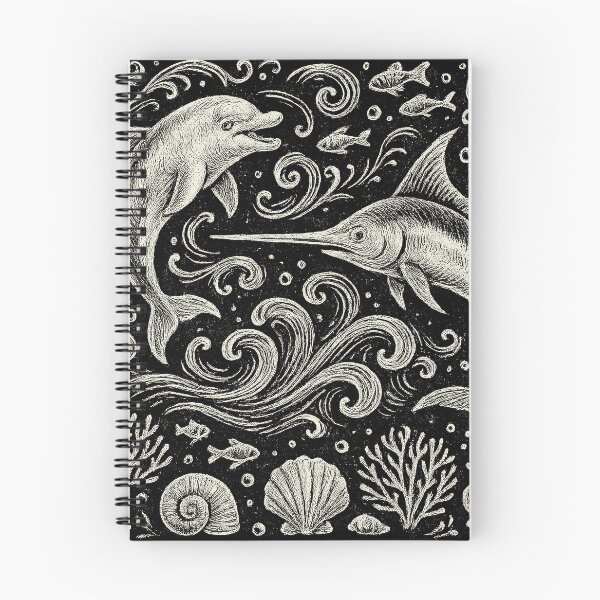 Item preview, Dolphin Swordfish Ocean Waves Vintage Doodle designed and sold by EdvvinStudios.