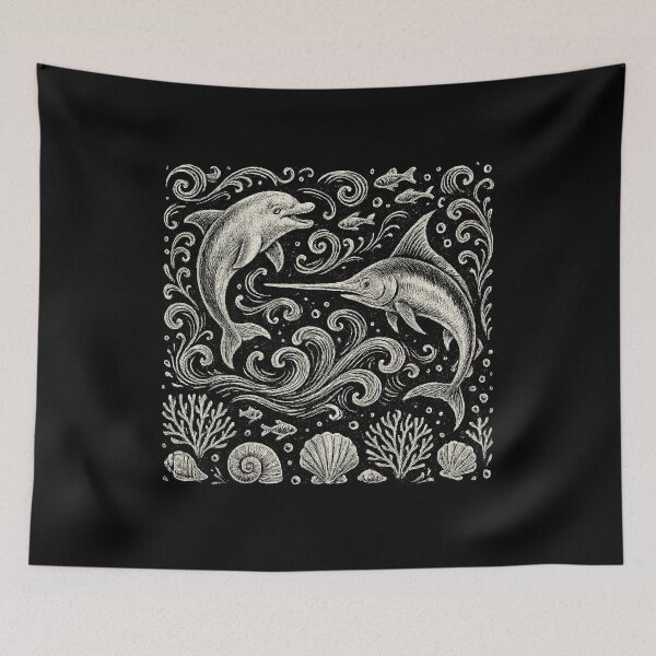 Item preview, Dolphin Swordfish Ocean Waves Vintage Doodle designed and sold by EdvvinStudios.