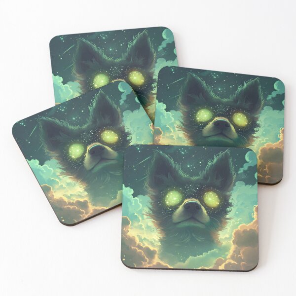 Item preview, Mystical dog head with glowing green eyes emerging from clouds in starry night sky designed and sold by Cute-huh.