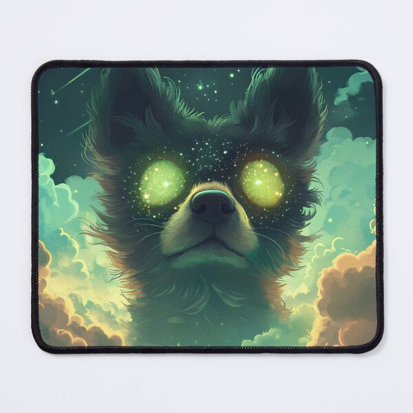 Item preview, Mystical dog head with glowing green eyes emerging from clouds in starry night sky designed and sold by Cute-huh.