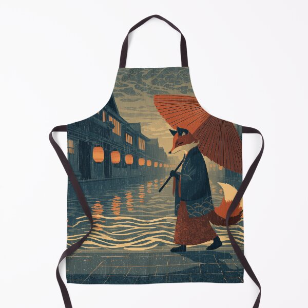 Item preview, Japanese Fox Spirit with Umbrella in Rainy Lantern Street Art designed and sold by ArgentoArt.