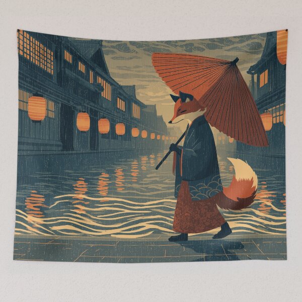 Item preview, Japanese Fox Spirit with Umbrella in Rainy Lantern Street Art designed and sold by ArgentoArt.