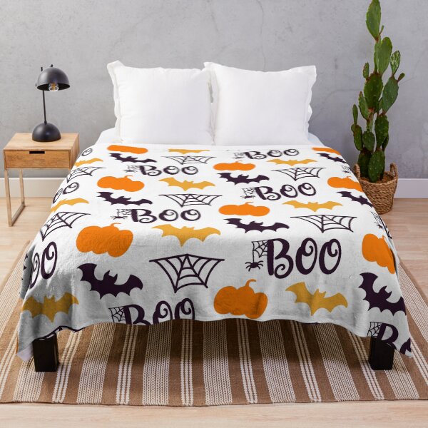 Item preview, Playful Halloween 'Boo!' Bats, Pumpkins, and Webs Pattern - Fun Throw Blanket Design designed and sold by FestivityFinds.