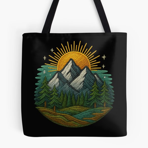 Item preview, Embroidered landscape of mountains with sunrise designed and sold by Ahau Designs.