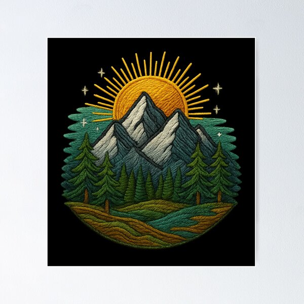 Aperçu de l'œuvre Paysage brodé de montagnes avec lever de soleil créée et vendue par Ahau Designs.