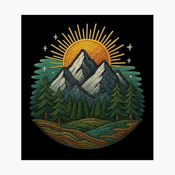 Aperçu de l'œuvre Paysage brodé de montagnes avec lever de soleil créée et vendue par Ahau Designs.