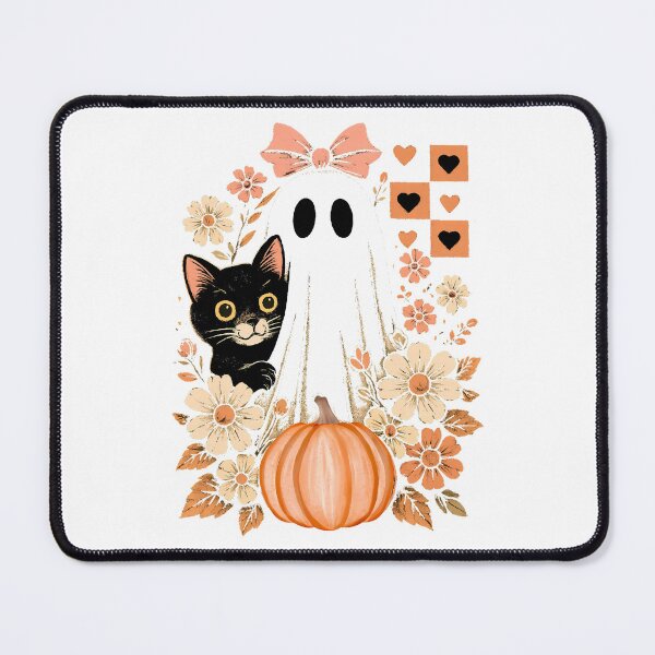 Item preview, Retro Checkered Floral Ghost with Cat and Pumpkin – Cute Halloween Classic T-Shirt designed and sold by Shivartdesign36.