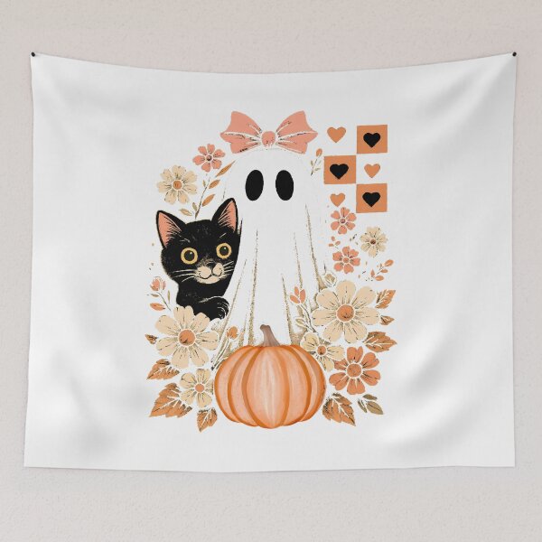 Item preview, Retro Checkered Floral Ghost with Cat and Pumpkin – Cute Halloween Classic T-Shirt designed and sold by Shivartdesign36.
