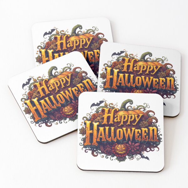 Item preview, Happy Halloween text with a Jackolantern, bats, and spider web on a white background designed and sold by PWDigitalArt.