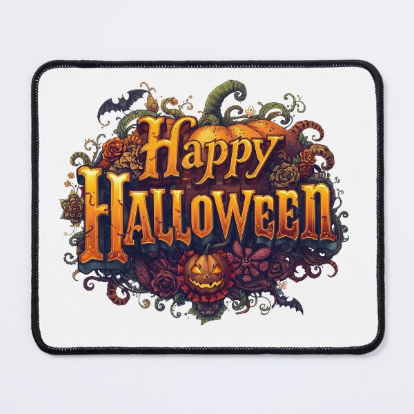 Item preview, Happy Halloween text with a Jackolantern, bats, and spider web on a white background designed and sold by PWDigitalArt.