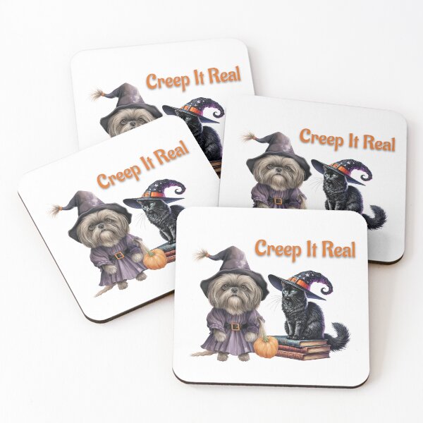 Item preview, Cute Halloween Dog and Cat Witch Illustration – Spooky Black Cat, Shih Tzu in Costume, Pumpkin and Books – “Creep It Real” Funny Halloween Design designed and sold by Wild Whiskers Studio.