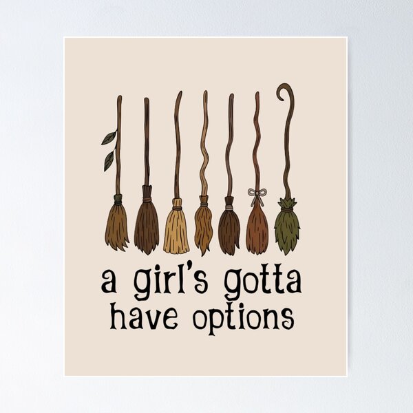 Item preview, A Girl Gotta Have Options Witch Brooms, Broen Coquette Girly Halloween, Cute Preppy Witch, Sparkle Retro Witchy Art Board Print designed and sold by wesdesignshop.