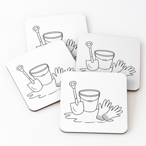 Item preview, A pair of gloves placed next to a shovel and bucket on the ground designed and sold by rasagamastore.