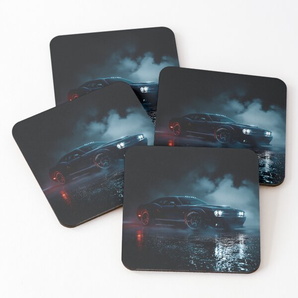 Item preview, Dark Night Muscle Car With Neon Blue Lights in Wet Street Scene and Misty Smoke designed and sold by KanDa-Shop.