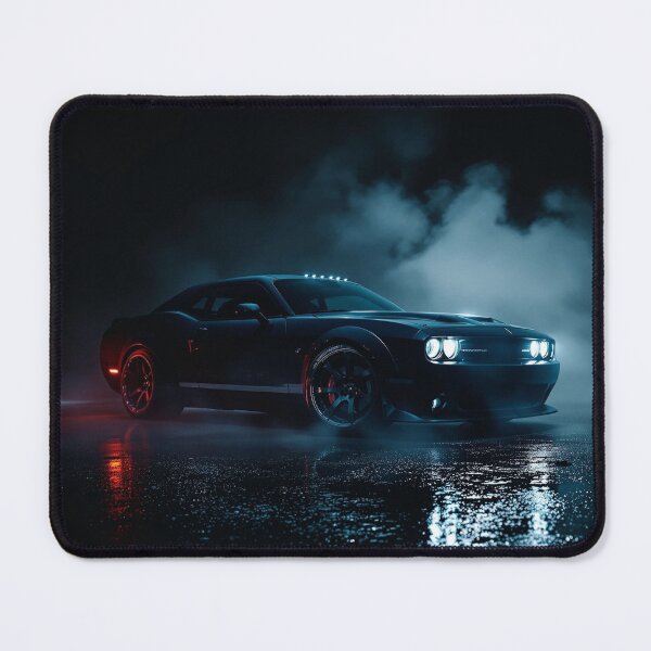 Item preview, Dark Night Muscle Car With Neon Blue Lights in Wet Street Scene and Misty Smoke designed and sold by KanDa-Shop.