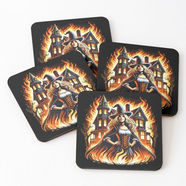 Item preview, Enchanting Witch with Haunted House and Flames. designed and sold by The-T-In-Retro.