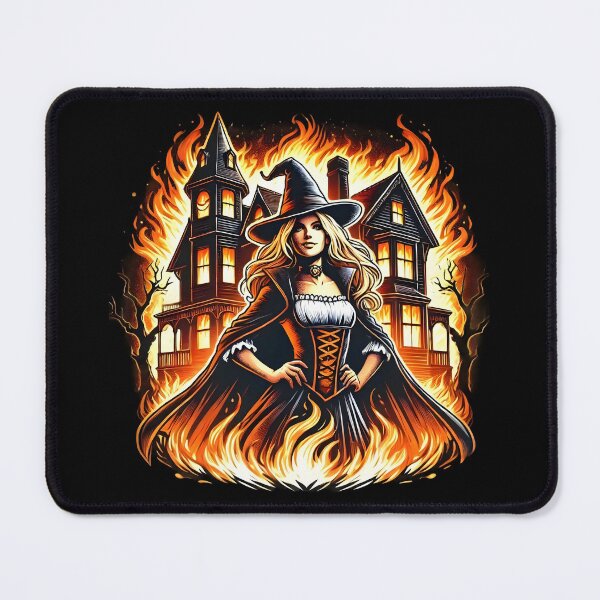 Item preview, Enchanting Witch with Haunted House and Flames. designed and sold by The-T-In-Retro.