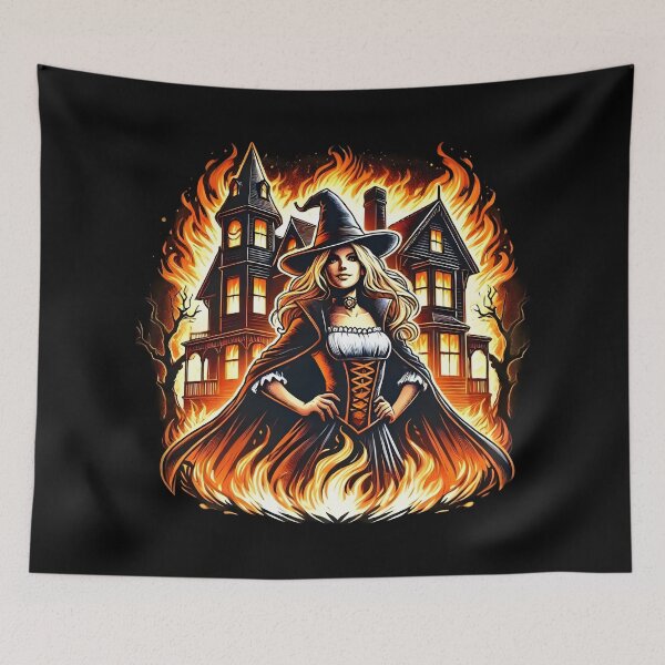Item preview, Enchanting Witch with Haunted House and Flames. designed and sold by The-T-In-Retro.