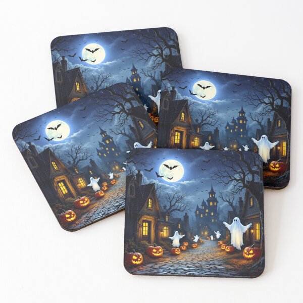 Item preview, Spooky Halloween Village Night Scene with Glowing Jack-O’-Lanterns and Ghosts designed and sold by Ani-24.