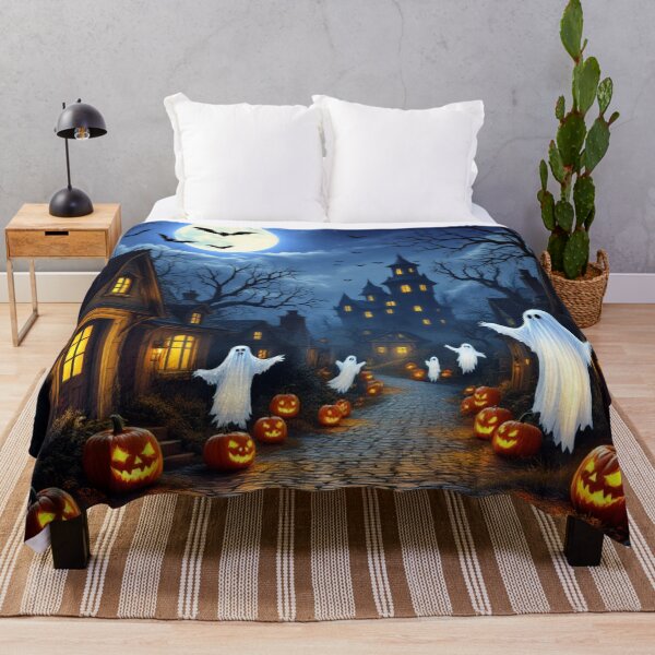 Item preview, Spooky Halloween Village Night Scene with Glowing Jack-O’-Lanterns and Ghosts designed and sold by Ani-24.