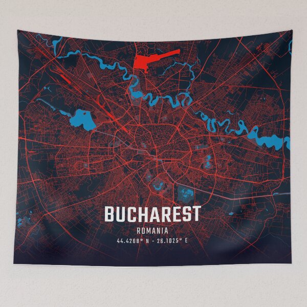 Item preview, Bucharest Red & Blue Minimalist Map designed and sold by HomeLivingCo.