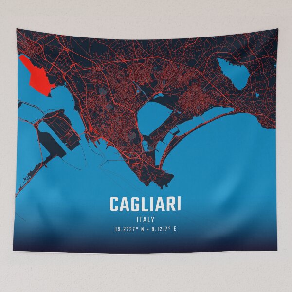 Item preview, Cagliari Red & Blue Minimalist Map designed and sold by HomeLivingCo.