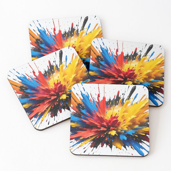 Item preview, Energetic paint explosion with bold red, yellow, blue, and black splashes creating dramatic modern abstract artwork designed and sold by Mimoshi ⭐⭐⭐⭐⭐.
