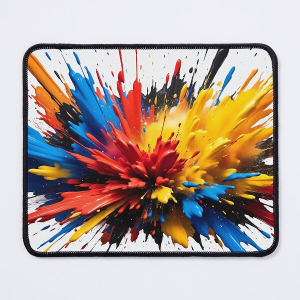 Item preview, Energetic paint explosion with bold red, yellow, blue, and black splashes creating dramatic modern abstract artwork designed and sold by Mimoshi ⭐⭐⭐⭐⭐.
