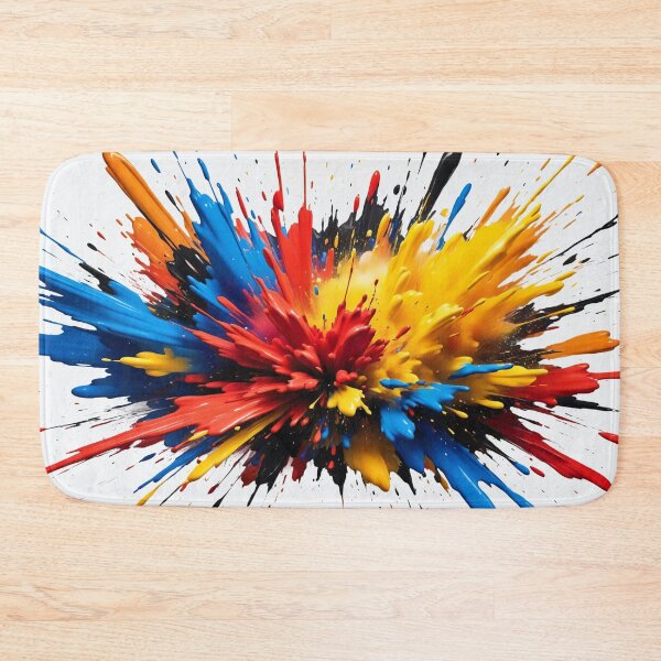 Item preview, Energetic paint explosion with bold red, yellow, blue, and black splashes creating dramatic modern abstract artwork designed and sold by Mimoshi ⭐⭐⭐⭐⭐.