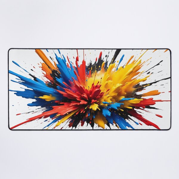 Item preview, Energetic paint explosion with bold red, yellow, blue, and black splashes creating dramatic modern abstract artwork designed and sold by Mimoshi ⭐⭐⭐⭐⭐.